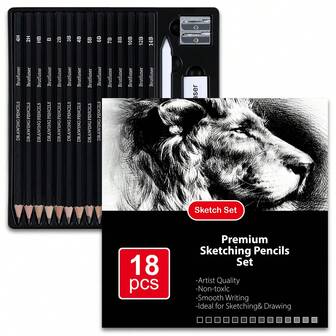 素描铅笔套装，18 件专业美术铅笔套装 - 石墨铅笔（14B - 4H）、炭笔、纸擦笔、橡皮擦、可塑橡皮、卷笔刀