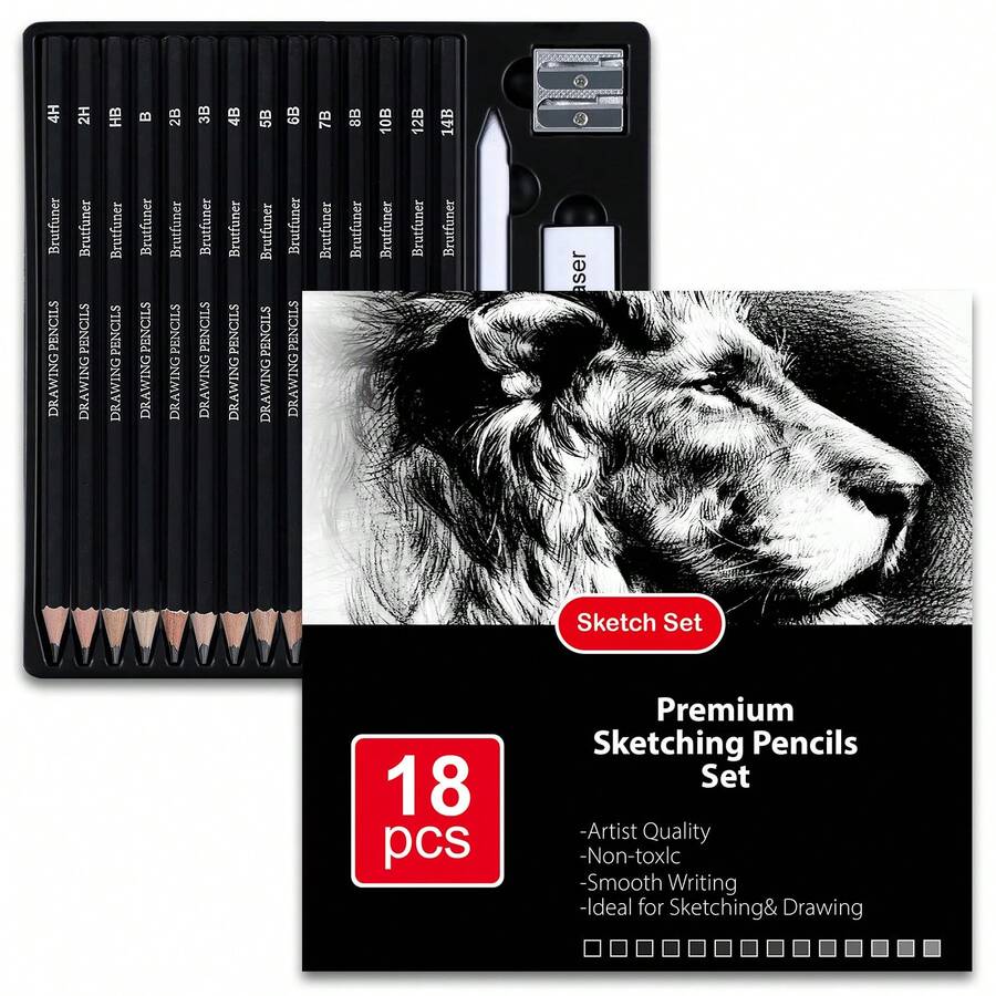 18 Pcs Sketching Pencils Set, Graphite Pencils (14B - 4H),Charcoal Pencils,Stumps,Vinyl Eraser,Kneaded Eraser,Sharpeners - 18-piece Sketch Pencil Set - View 1