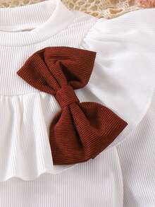 2pcs/Set Girls Ribbed Bow Decor Top And Corduroy Pleated Skirt Suit, Stylish School Look, Spring/Autumn - Brown - View 5