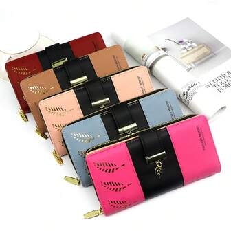 1个韩版拼接撞色长款镂空叶子钱包，女士休闲款，拉链封口，涤纶内衬，可作手机袋，手提包 - 湿巾擦拭清洁