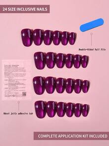 Bộ 24 móng tay giả acrylic hình oval ngắn, bóng, màu tím ánh pha lê kiểu mắt mèo Y2K, thiết kế hình hạnh nhân, vừa vặn hoàn hảo, móng mắt mèo màu tím giúp đầu ngón tay bạn tỏa sáng rạng rỡ, phù hợp cho phụ nữ và bé gái sử dụng hàng ngày đi làm và dự tiệc. - Màu tím - Xem 2