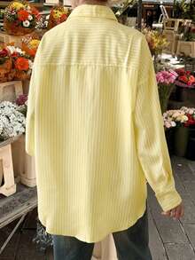 Look Polly Women's Christmas Halloween Striped Long Sleeve Shirt,Single Breasted Casual Fashion, Fall Women Clothes, Pocket Design, Back To School Clothes, Old Money Style Women Striped Shirt Outfit Winter Clothesshirt Butter Yellow Shirt