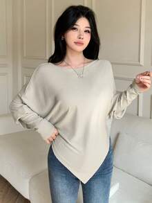abyoxi Women's Apricot Ribbed Knit, Batwing Sleeve, Boat Neck, Asymmetrical Hem Top, Casual Simple, Everyday Outings, At Home, Office Commute, Fall Winter Fashion Tops