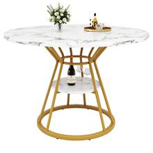 Round Dining Table (1 Piece), Kitchen Table, Breakfast Table, Metal Legs, Gold/Black Marble Pattern - Gold - View 6