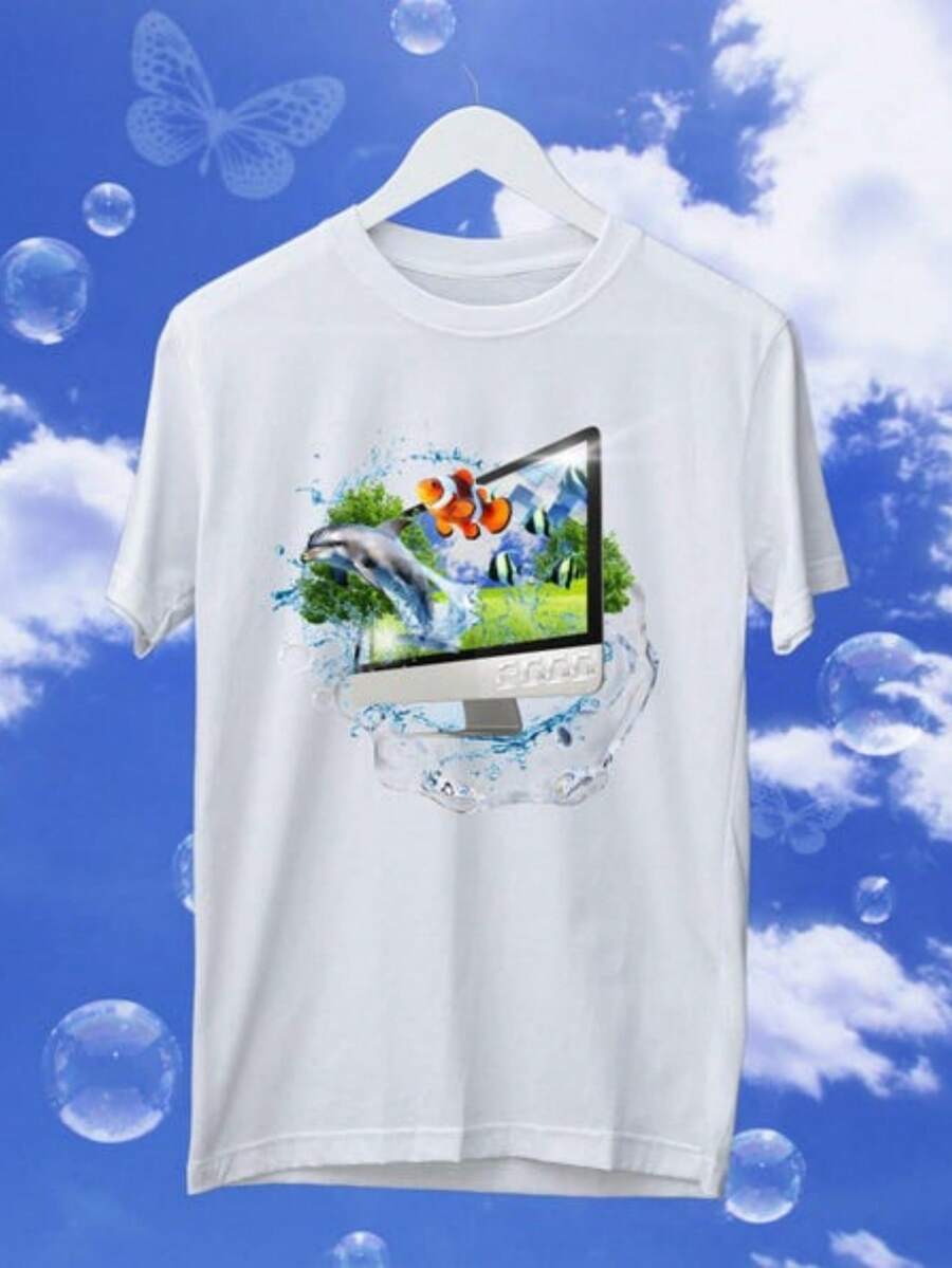 Frutiger Aero T-Shirt Retro Vibes With Dolphin Aqua Aero Perfect For Webcore, Weirdcore & Nostalgiacore Fans Windows Vibe - White - View 1