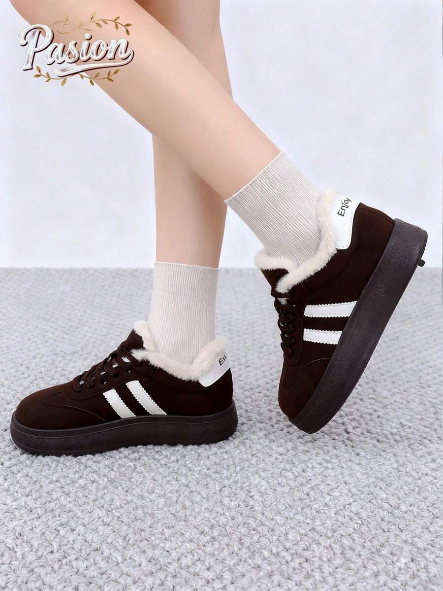 Women's Winter Plush Lace-Up Platform Shoes, Warm Anti-Slip Thick Bottom Sports Winter Shoes, Retro Versatile Casual Sneakers - Brown - View 1