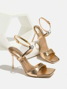 Women's High Heel Sandals, Suitable For Spring/Summer Parties, Elegant Rhinestone Embellished Pointed Toe Ankle Strap Stilettos, Comfortable And Adjustable, Champagne Color, Versatile Formal Wear