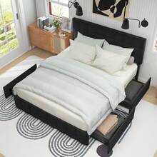 Upholstered Bed With 4 Drawers & Spring Mattress, Double Bed With Slatted Base, Storage Bed, Height-Adjustable Headboard & Square Stitching Design, Metal Slat Support, Linen Material (140*200 Cm, Black) - Black - View 5