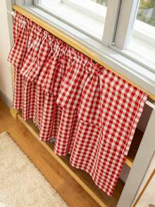 1pc Elegant Plaid Pattern Double-Layer Cafe Curtain - White & Red Plaid Pattern, Double-Layer Design, Suitable For All Seasons, Linen Fabric, Farmhouse Style Short Curtain, Applicable For Living Room, Kitchen, Bathroom Window Decor - Red - View 9