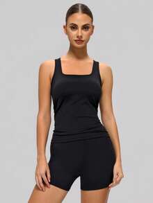MASKERT Áo tank top thể thao nữ, thiết kế cổ vuông, phối lưới phía sau, thoáng khí, thân thiện với da, không tay, phù hợp cho tennis và tập thể dục. - màu đen - Xem 2