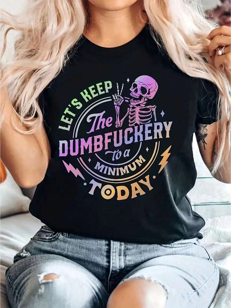 MOOSTA Women Crew Neck Slogan & Skull Print Short Sleeve T-Shirt, Summer Graphic Tees Women Tops - Black - View 1