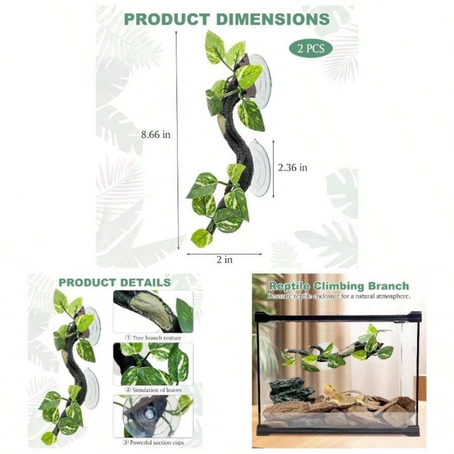 Snake Climbing Branch, 2 PCS Resin Reptile Branches Climbing With Suction Cups Reptile Decor Accessories Terrarium Plants Corn Snake Bearded Gecko - 斑點,2 件裝 - 查看 1