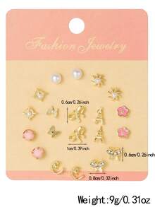 10对时尚可爱仿珍珠锆石塑料蝴蝶结、星星、月亮、花朵、蝴蝶、埃菲尔铁塔耳钉套装，适合女性日常佩戴 - 彩色 - 查看 4