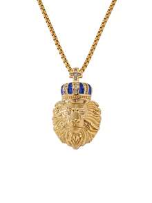 1pc 18K Gold Plated Fashion Hip Hop Style Cubic Zirconia Inlaid Blue Enamel Cross & Crown Lion Stainless Steel Necklace Party Styling Accessory - Lion - View 5