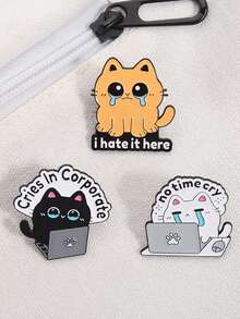 3件套可爱哭泣猫咪珐琅胸针，表达“职场无暇哭泣，我讨厌这里”的趣味动物胸针翻领徽章珠宝礼品 - 彩色 - 查看 9