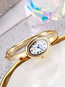 1件优雅奢华时尚椭圆形罗马数字表盘手链腕表，高品质石英女表（1件/套），不含表盒 - 金色 - 查看 9