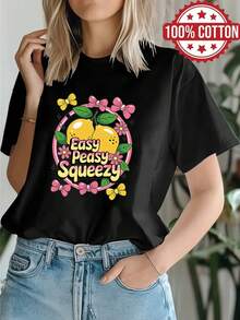 1PC 100% Cotton Easy Peasy Squeezy Lemon Fruit Floral Bows Graphic Print Women's Crewneck Tshirt, Loose Fit Comfy Tee, Casual Wear, Perfect Holiday Gift, Birthday Gift, Suitable for Daily Wear. - Negro - Ver 1