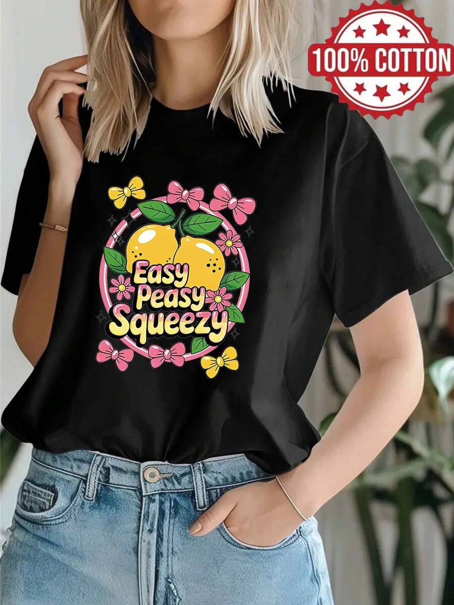 1PC 100% Cotton Easy Peasy Squeezy Lemon Fruit Floral Bows Graphic Print Women's Crewneck Tshirt, Loose Fit Comfy Tee, Casual Wear, Perfect Holiday Gift, Birthday Gift, Suitable for Daily Wear. - Negro - Ver 1