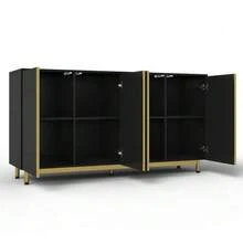 150cm Long Sideboard With Wavy And Ribbed Doors, Adjustable Metal Feet, Modern And Stable Dining Table, Ideal For The Dining Room, Kitchen And Living Room – Black - Black - View 5