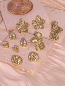 10pcs Fashion Metal Flower, Teardrop, Heart Stud Earrings Set, Suitable For Daily, Party And Special Occasions, Versatile For All Year Round, Lightweight And Comfortable Hoop And Stud, Fashionable Accessory, Item - الذهبي - مشاهدة 3