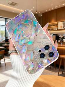 1 pieza Funda de teléfono con diseño de flores en efecto iridiscente y colores cambiantes, estilo moderno ideal para amantes de la moda brillante y arte visual, protección elevada para lente con diseño de ojo, resistente a golpes, compatible con iPhone17 ProMax/16/15/14/13/12/11/Plus/Pro/ProMax, compatible con Galaxy A34/A35/A54/A55, Galaxy S20/S21/S22/S23/S24/S25 Ultra/Plus, compatible con Galaxy/Redmi/Honor/OPPO/ViVo - Blanco - Ver 3