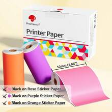 Phomemo 光面热敏自粘标签纸，兼容 Phomemo T02/M02X/M02L/Y02C/Q02/M02/M02 Pro/M02S/M03/M04S 迷你标签打印机，每卷 50mm x 3.5m，直径 28mm，3 卷装，连续纸张，图像保存长达 20 年 - 玫紅色+紫色+橙色 - 查看 2