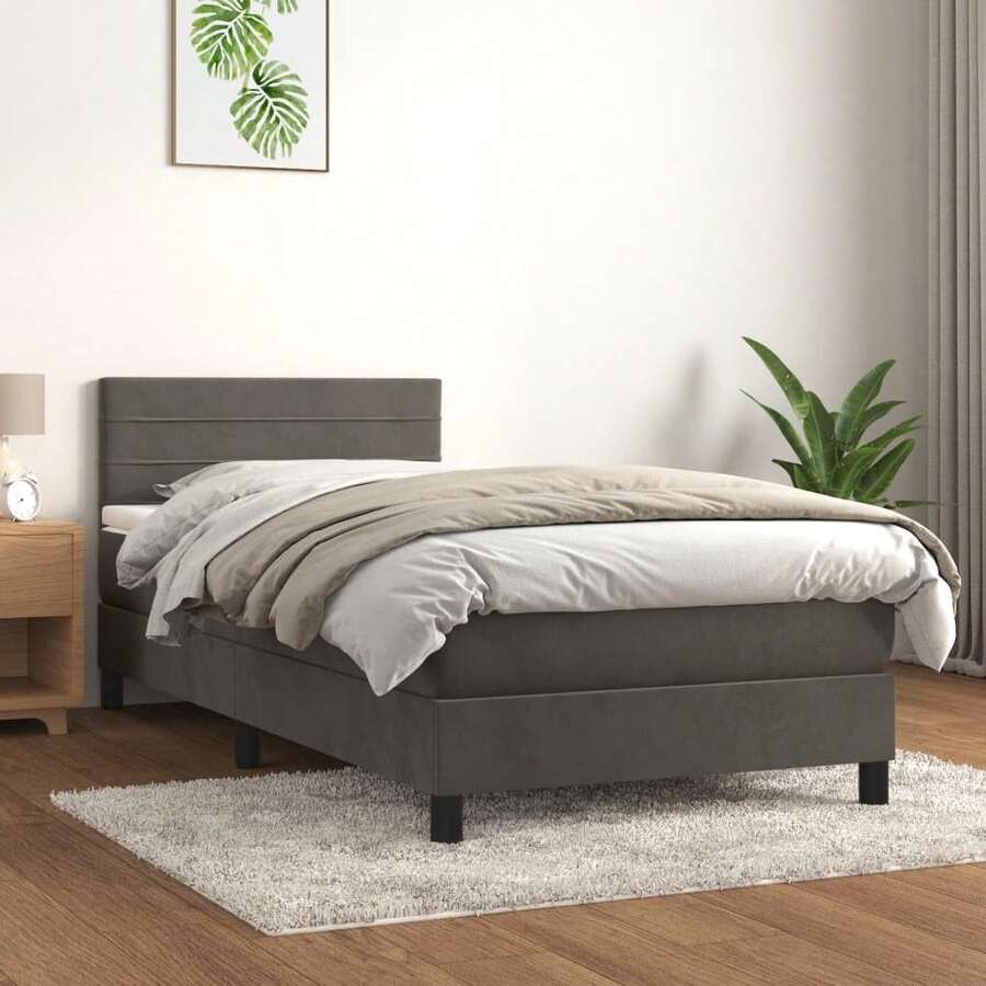 vidaXL Boxspringbett Mit Matratze, Dunkelgrau, 90x200 Cm, Samt - Grey - View 1