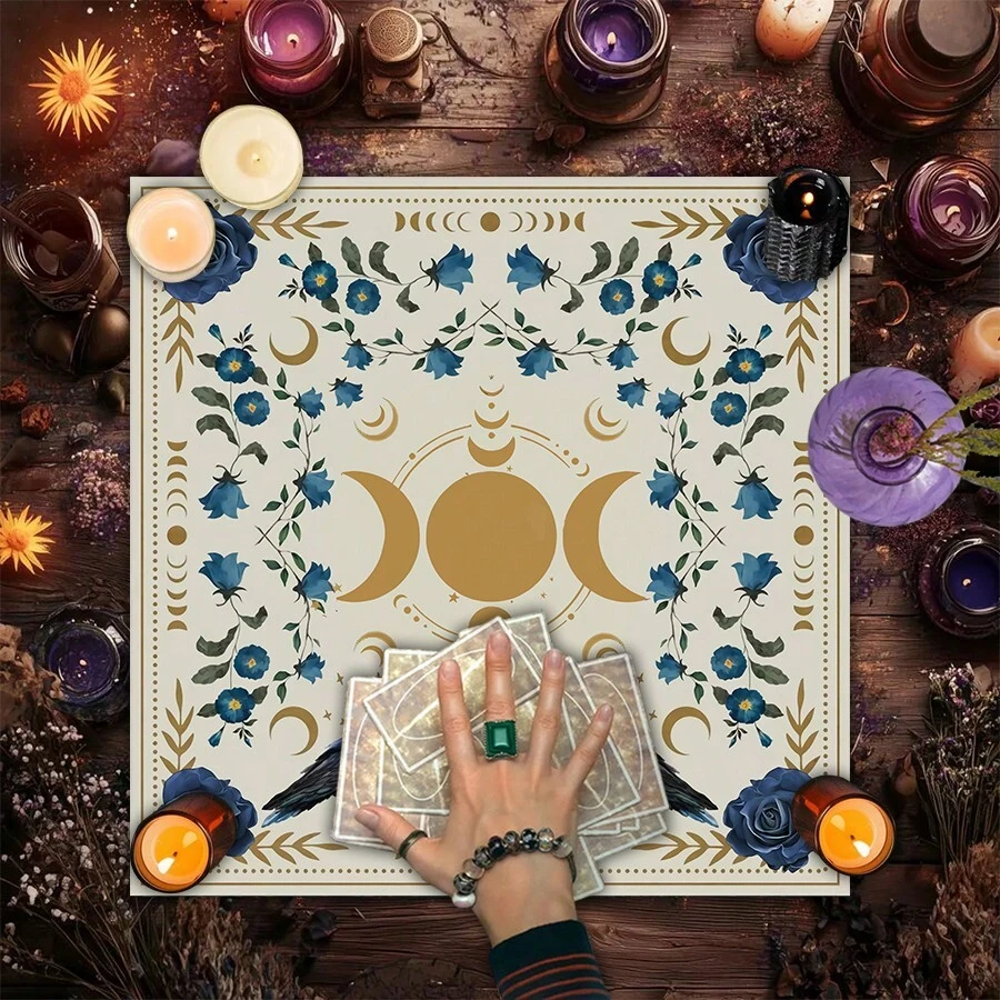 1pc Enchanting Sun And Moon Altar Cloth - Vibrant Polyester Altar Mat With Celestial & Vintage Flowers Design For Tarot Reading, Witchcraft & Astrology, Tarot Tablecloth Boho Playmat Cloth Home Decor - Multicolor - View 1