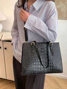 New Crocodile Embossed Handbag With Accessories, PU Material - Black - View 4