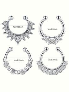 4pcs/Set Punk Style Stainless Steel White Zirconia Inlaid Clip-On Fake Nose Ring - 10mm Inner Diameter, Unisex, Suitable For Daily Wear And Festivals - Fake Septum Rings - View 3