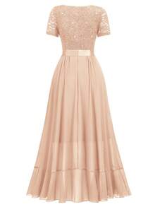 MIUSOL V-Neck Sequin Lace Contrast Chiffon Ruffle Trim Hem Elegant Evening Party Swing Dress - 香檳色 - 查看 8