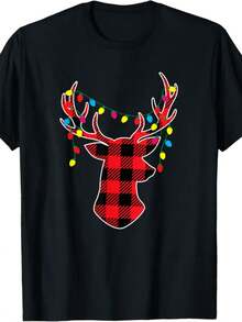 Red Black Christmas Gifts Buffalo Plaid Deer Women Men Kids T-Shirt - 黑色 - 查看 1