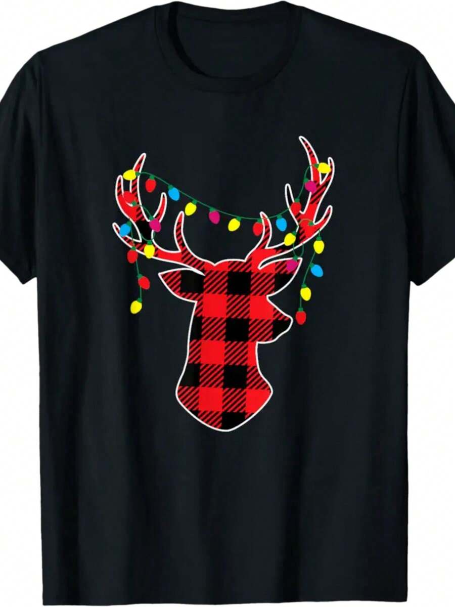 Red Black Christmas Gifts Buffalo Plaid Deer Women Men Kids T-Shirt - 黑色 - 查看 1
