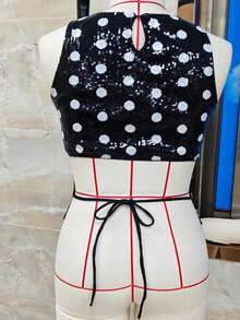 Women Tank Tops Sleeveless Crew Neck Dot Sequin Decor Summer Going Out Vest Shirts - 黑色 - 查看 4