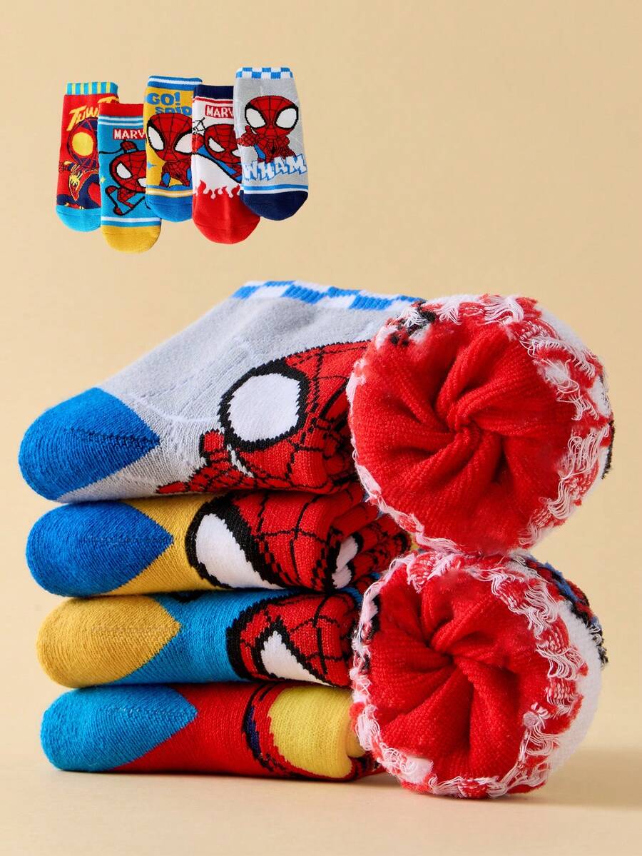 Marvel 10/5 双儿童袜子，超级英雄蜘蛛侠，男童厚保暖毛巾袜，韩国卡通女童冬季袜子，透气婴儿/学生袜 - 彩色 - 查看 1