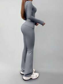 女士休闲圆领长袖T恤和裤子套装，适合春季穿着 - 灰色 - 查看 5