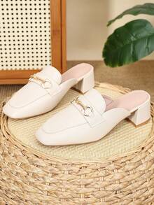 Women's Square Toe Chunky Heel Backless Mules, Fashion Comfortable Slip-On Loafers, Beige Plus Size, Casual Slide Shoes - Beige - View 5