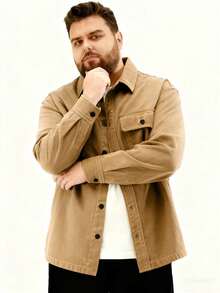 加大码男士纯色衬衫外套，户外休闲卡其色长袖衬衫，工装风长袖衬衫 - 卡其色 - 查看 3