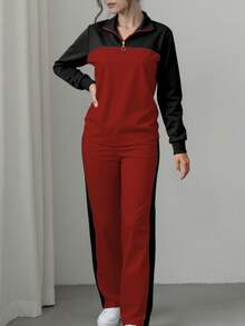 Women's Casual Set, Elegant Sports Suit With Lapel Loose Top And Wide-Leg Pants, 2 Pieces Set, Autumn/Winter Spring - Red - View 7