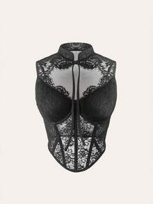 EZNV 1pc Lace Patchwork Fishbone Cute Corset Top, Waist Cincher Bustier - Black - View 7