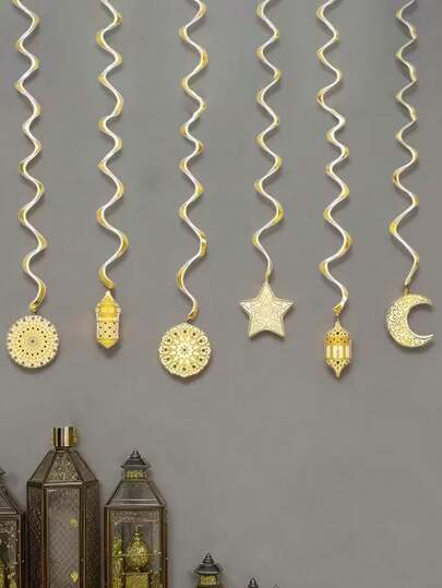 6件套开斋节装饰套装，包括螺旋横幅、星月灯笼、纸质吊饰，适合伊斯兰穆斯林派对装饰，可用于房间、花园和各种场合。