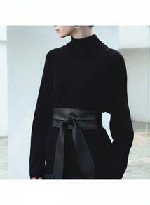 Clariva 优雅女士单件式柔软宽腰带，带蝴蝶结装饰和长拖尾，适合万圣节、夏季和学校场合。 - 黑色 - 查看 3