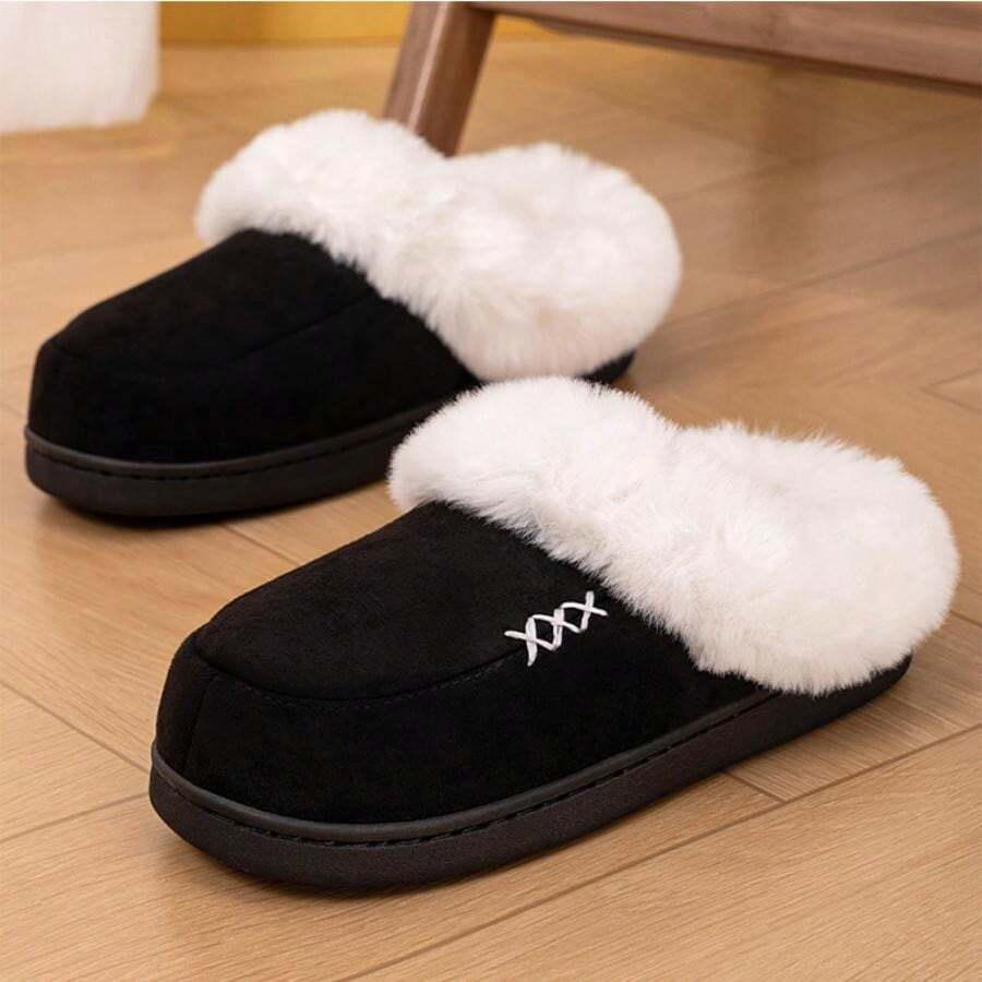 Thick Soled Cotton Slippers - Side Label Xx Line Decoration - Plush And Thickened Warm Men's Shoes With Soft Sole, Comfortable And Versatile,  Home Or Outdoor Slippers - 黑色 - 查看 1