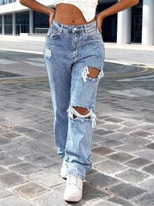 Women's Hole Distressed Tapered Jeans Loose Fit Ripped Boyfriend Jeans - Medium Wash - View 5