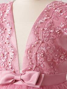 少女V領露背刺繡串珠蝴蝶結網紗花童禮服，適合出席舞會，不含髮箍 - 藕粉色 - 查看 8