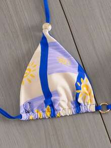 Women's Bohemian Style Sunflower Print Backless Tie-Up Metal Beaded Bikini Set, High Elastic Side Tie-Up Printed Swimsuit, Summer Beach Holiday - Multicolor - View 6