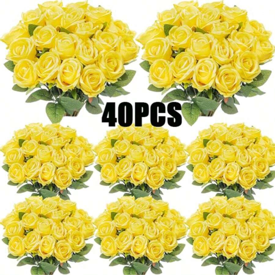 40支仿真玫瑰花束，丝绸假花，逼真长茎玫瑰，适用于婚礼装饰、新娘送礼会中心摆件、插花、派对家居餐桌装饰、生日、周年纪念、节日装饰