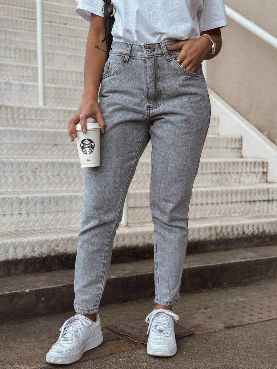 Women's Mom Jeans, High Waist, Premium Style, Elegant And Comfortable For Parties, Work, And Everyday Wear - Light Grey - View 1