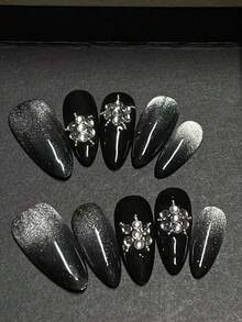 1包/10片 - 炫酷星爆尖头美甲贴纸 - 黑色闪光渐变+金属点缀宝石 - 手工美甲用品 - 黑色 - 查看 8