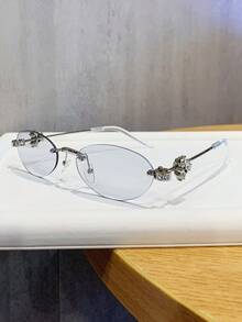 1副女士时尚眼镜，新款椭圆形无框设计，镶嵌水钻，时尚别致，适合街头风、度假、送礼、日常佩戴、派对、外出以及防晒。 - 彩色 - 查看 2